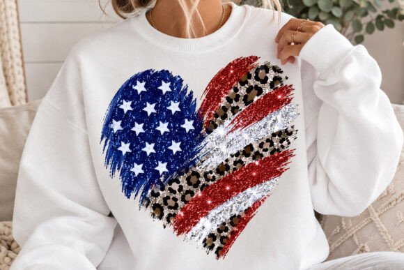 Faux Glitter USA Flag Leopard Heart 08398
