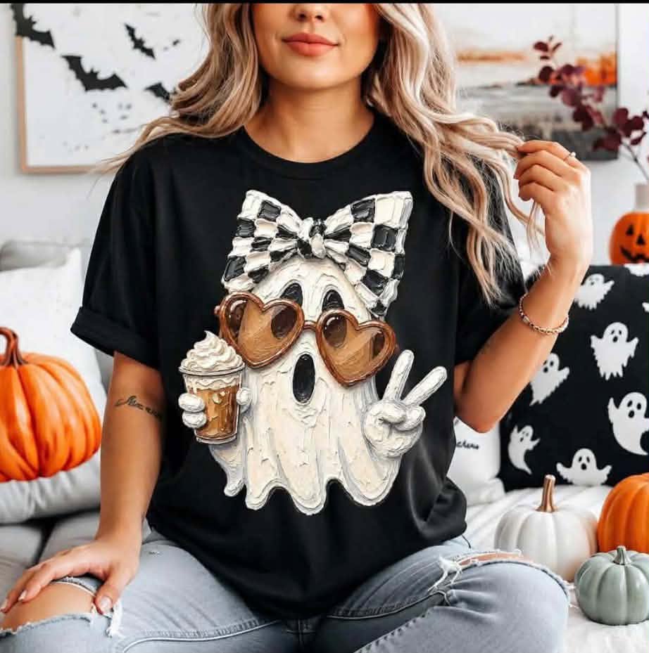 Faux Painted Ghost Coffee Checkered Bow 08955