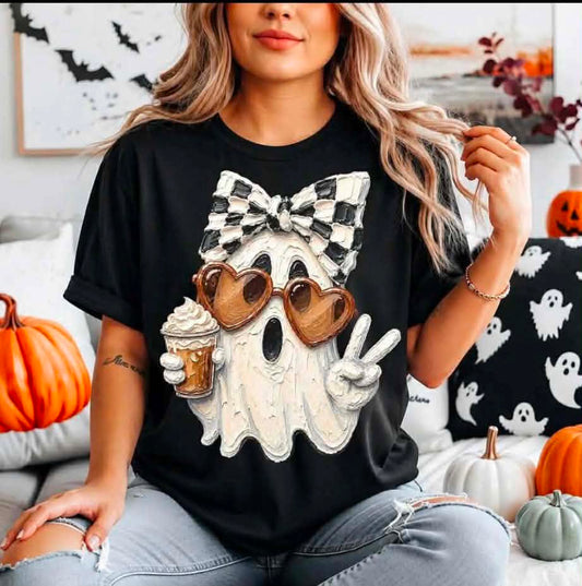 Faux Painted Ghost Coffee Checkered Bow 08955