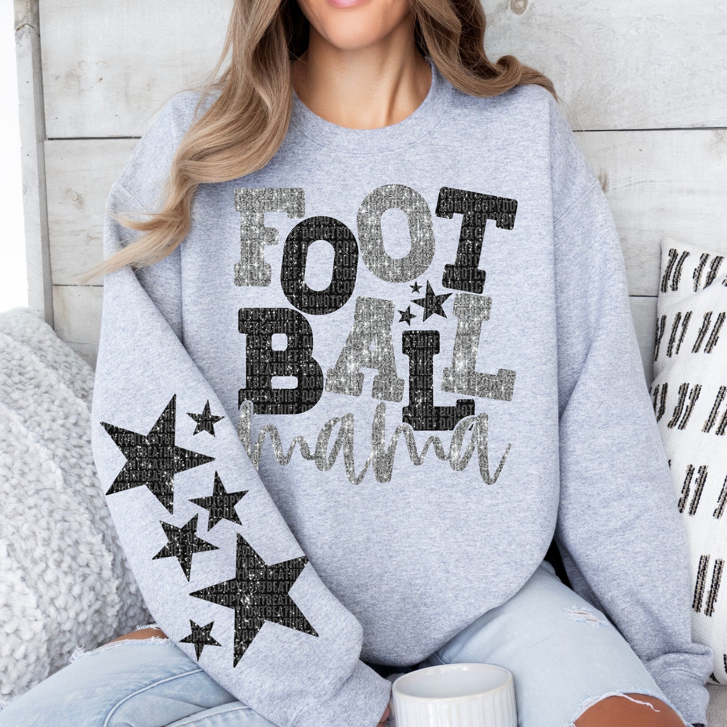 Football Mama Silver & Black With Star Sleeve Faux Sequins 04910