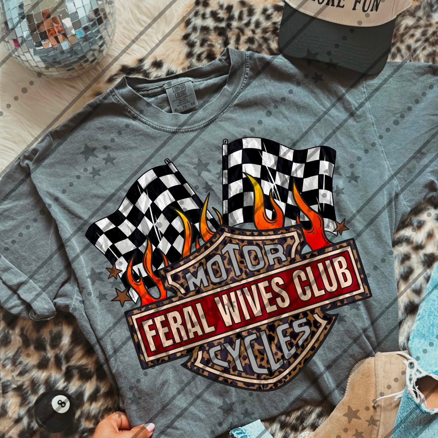 Feral Wives Club Flames Checkered Flags 08542