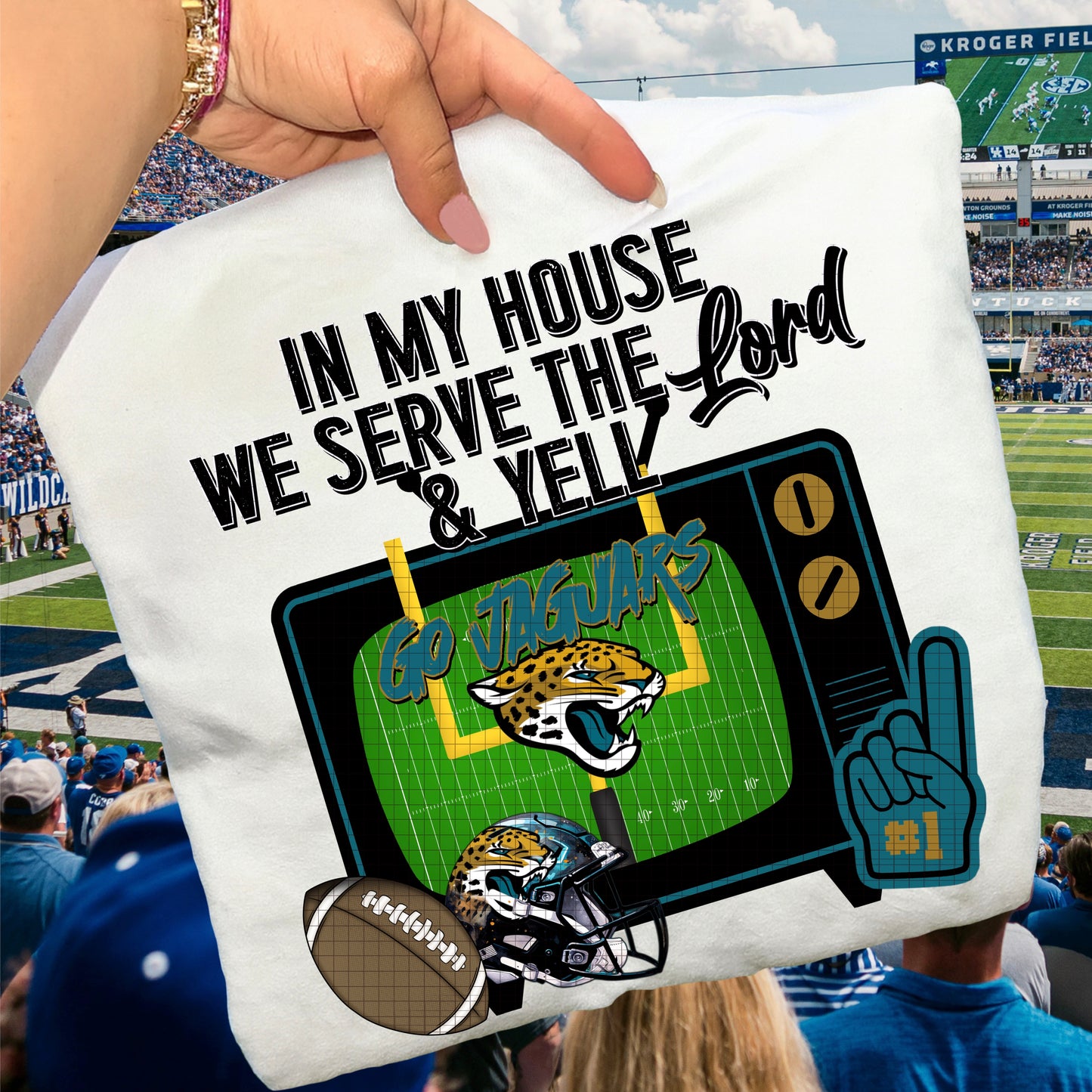 In My House We Serve the Lord and Yell Go Pro Football Teams (Choose Yours) 07639