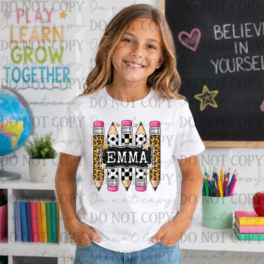 Leopard Checker Pencils School Custom Name 08788