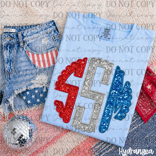 Custom Patriotic Faux Glitter Embroidery Monogram 08169