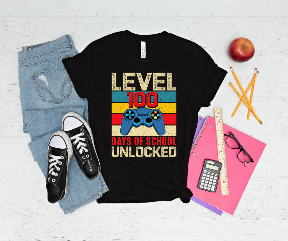 Level 100 Days of School Unlocked Retro DTF Transfer 06472