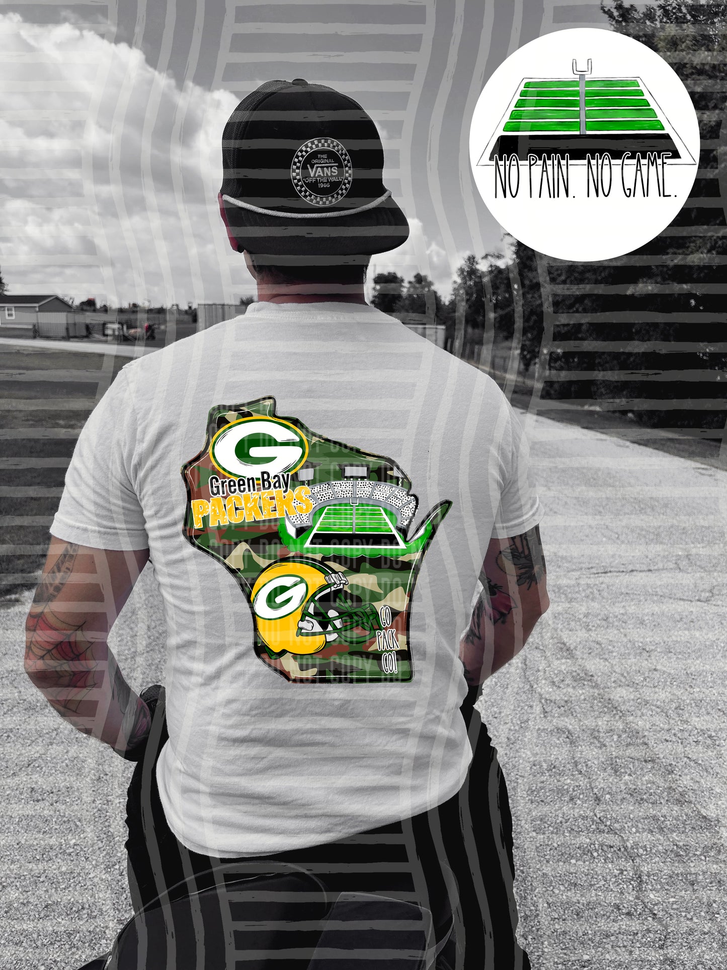 Pro Football Team No Pain No Game Field (FRONT ONLY) (Choose Yours) 01152