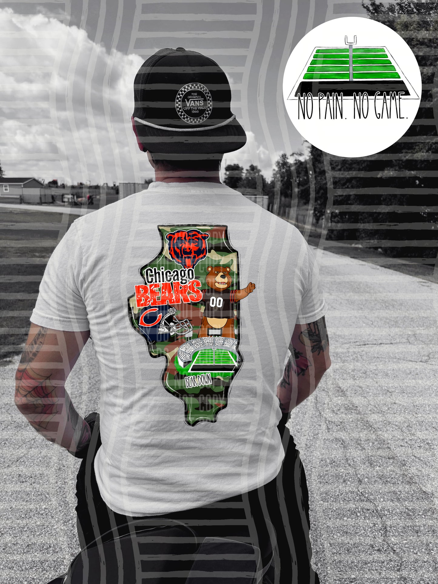 Pro Football Team No Pain No Game Field (FRONT ONLY) (Choose Yours) 01152