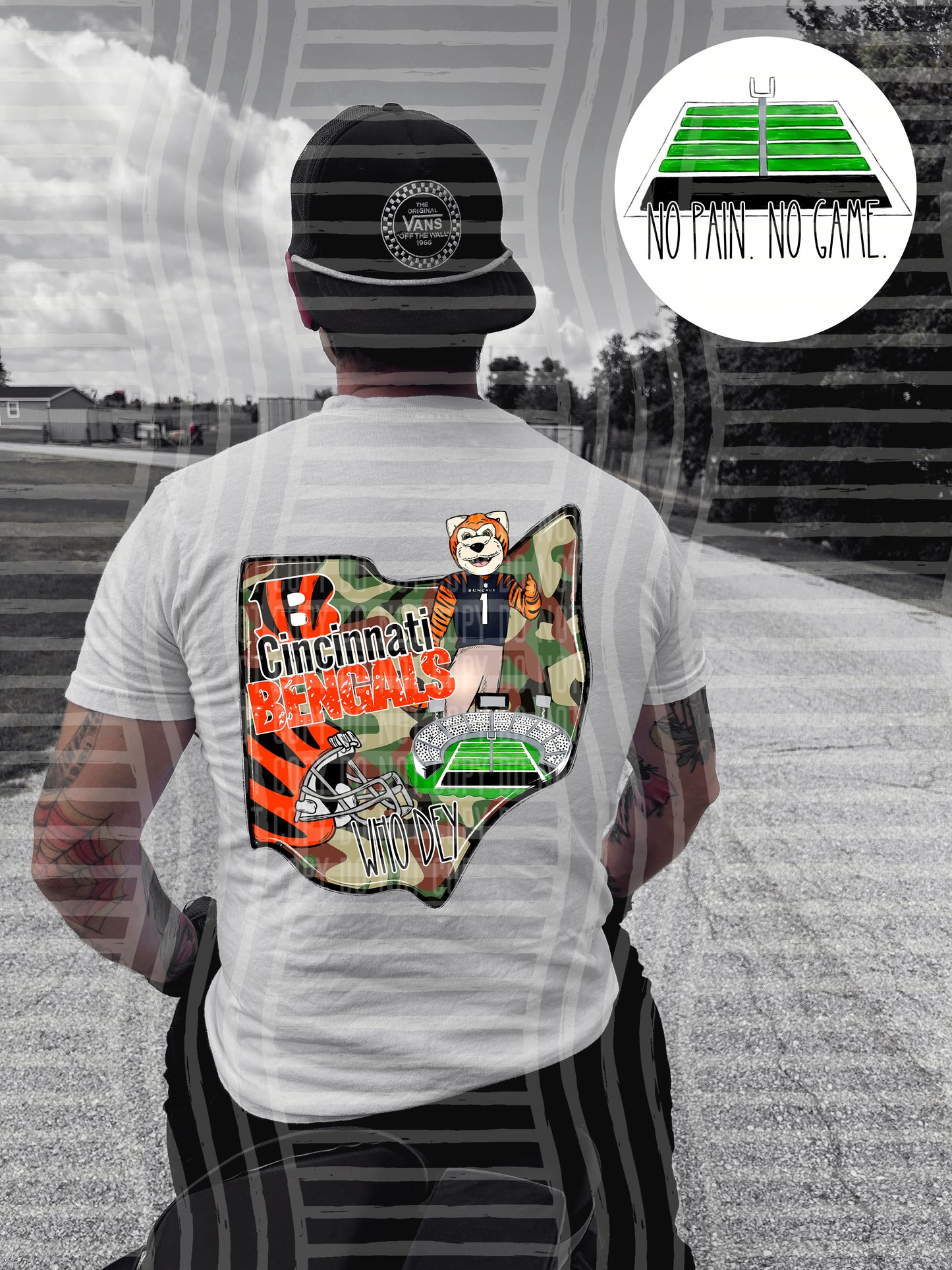 Pro Football Team No Pain No Game Field (FRONT ONLY) (Choose Yours) 01152