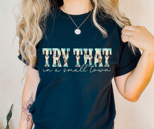 Try That in a Small Town Turquoise Western DTF Transfer 06139