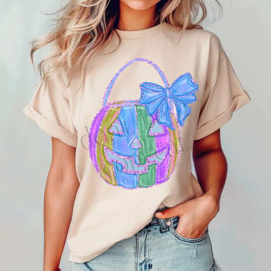 Purple Faux Glitter Pumpkin Bucket Jack o Lantern with Bow 04782