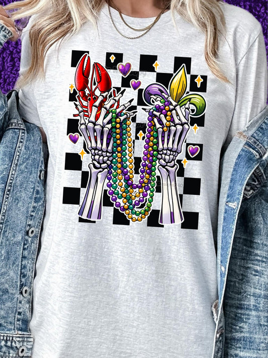 Mardi Gras Skelly Hands with beads DTF Transfer 03643