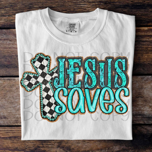 Jesus Saves Turquoise Checkered Cross 02920