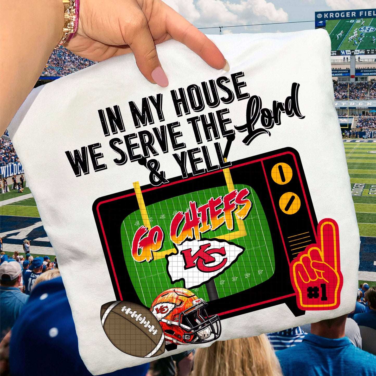 In My House We Serve the Lord and Yell Go Pro Football Teams (Choose Yours) 07639