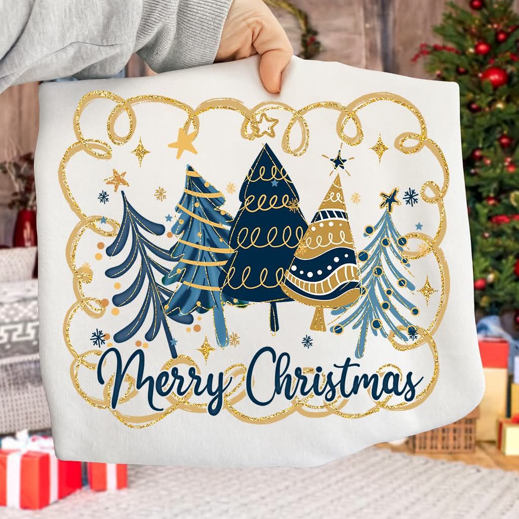 Blue Gold Merry Christmas Trees 00037