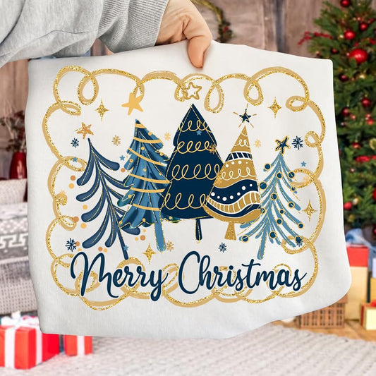 Blue Gold Merry Christmas Trees 00037