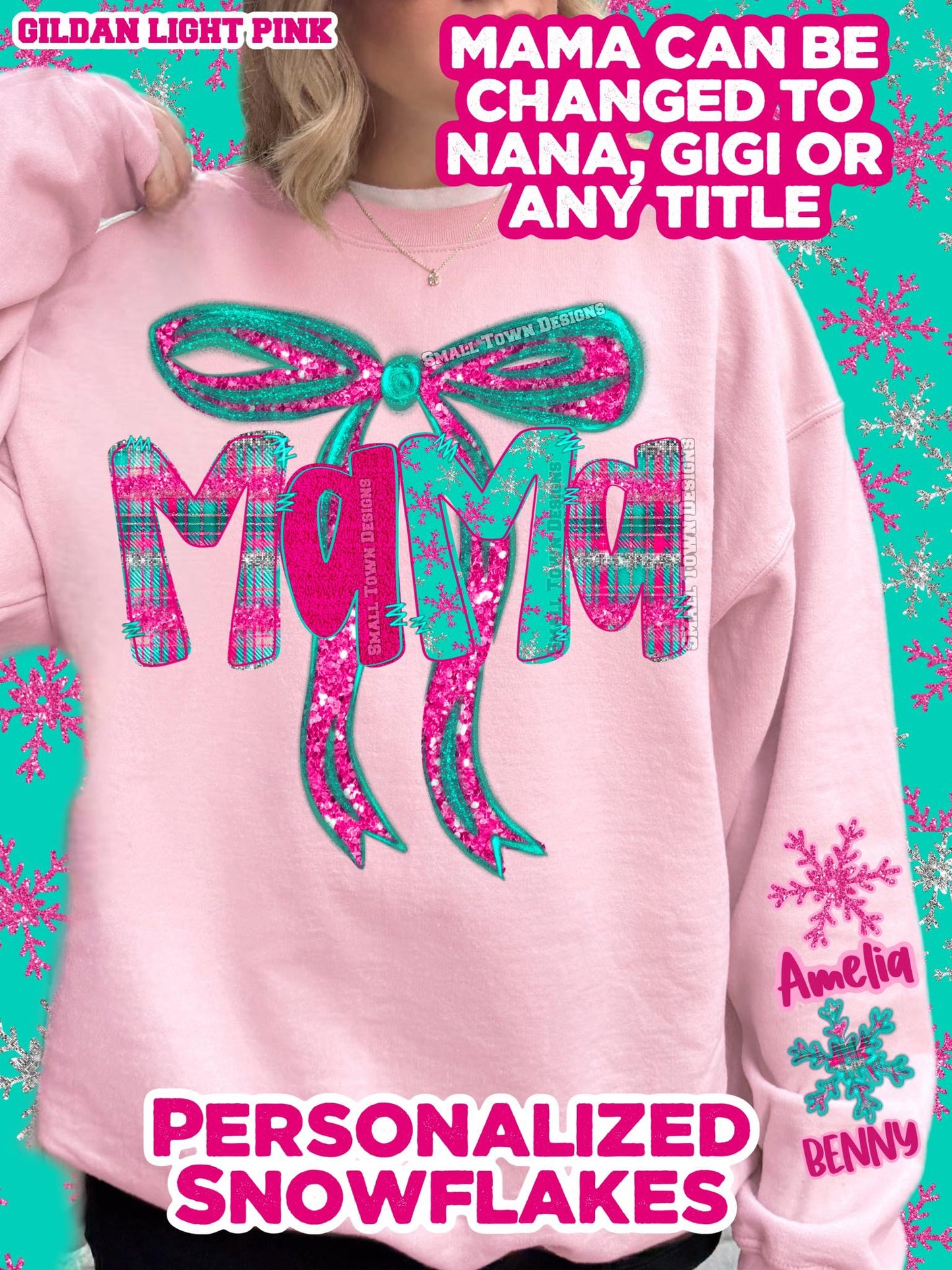 Pink Teal Snowflake Christmas Name Titles (Choose Yours) 07012