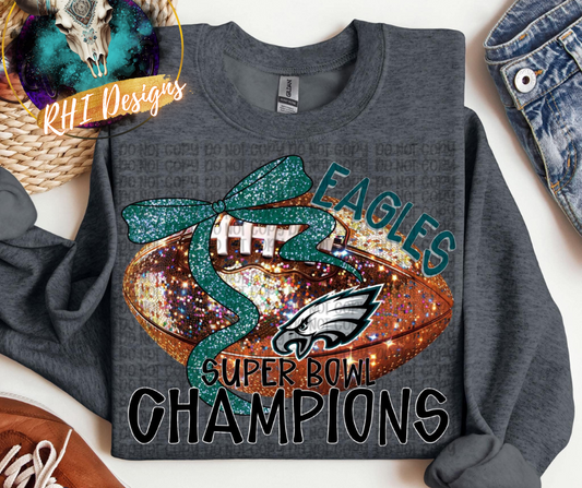 SB Champions Eagles Faux Glitter Football Coquette 03033