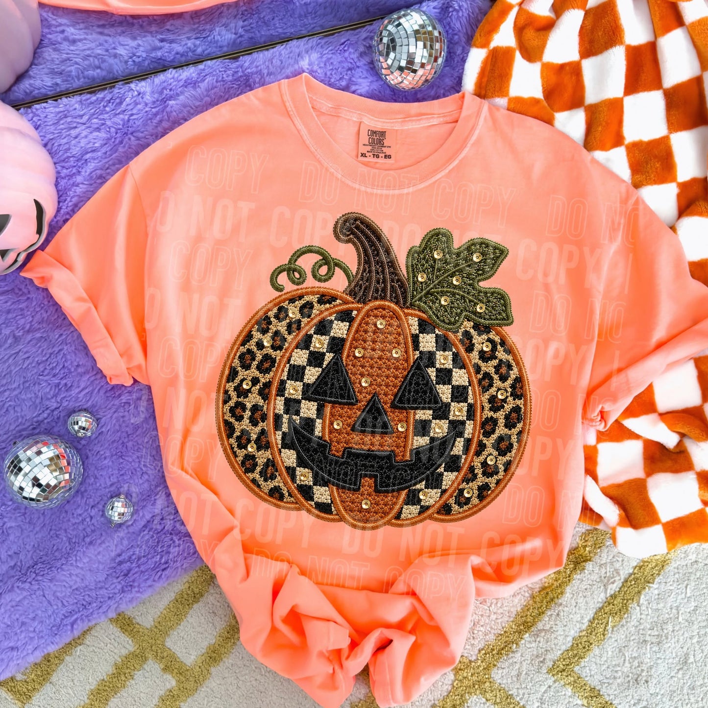 Jack O Lantern Checkered Leopard Faux Embroidery 09216