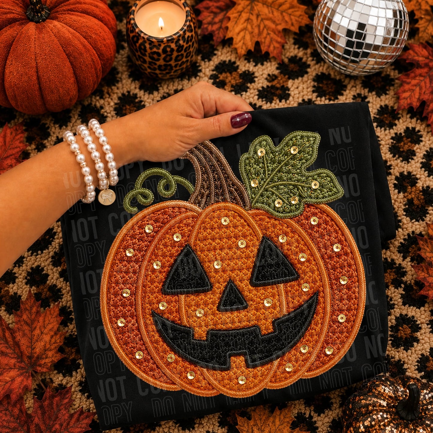 Faux Embroidery Sequin Jack O Lantern 09207