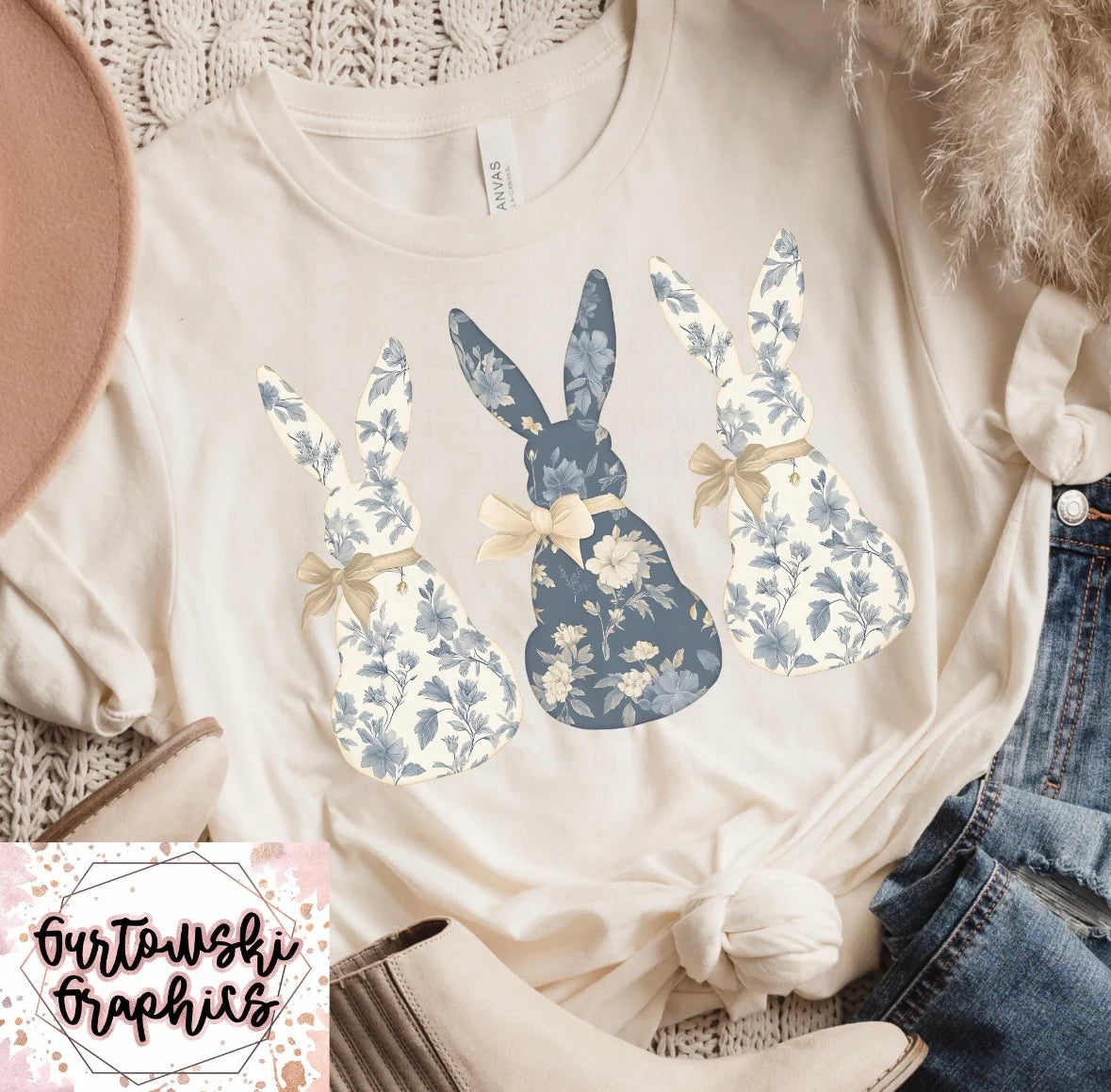 Blue Toile Floral Grandmillennial Bunnies 07297