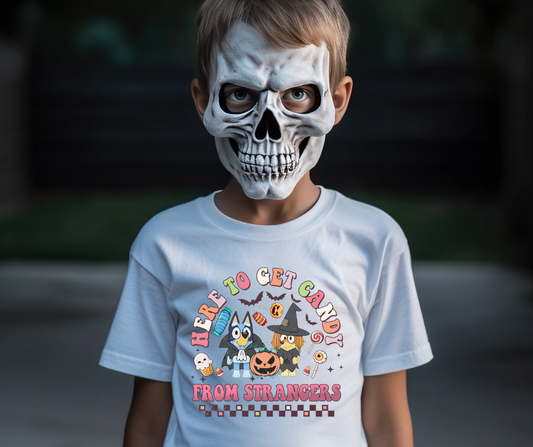 Here to Get Candy From Strangers Blue Dog DTF Transfer 06070