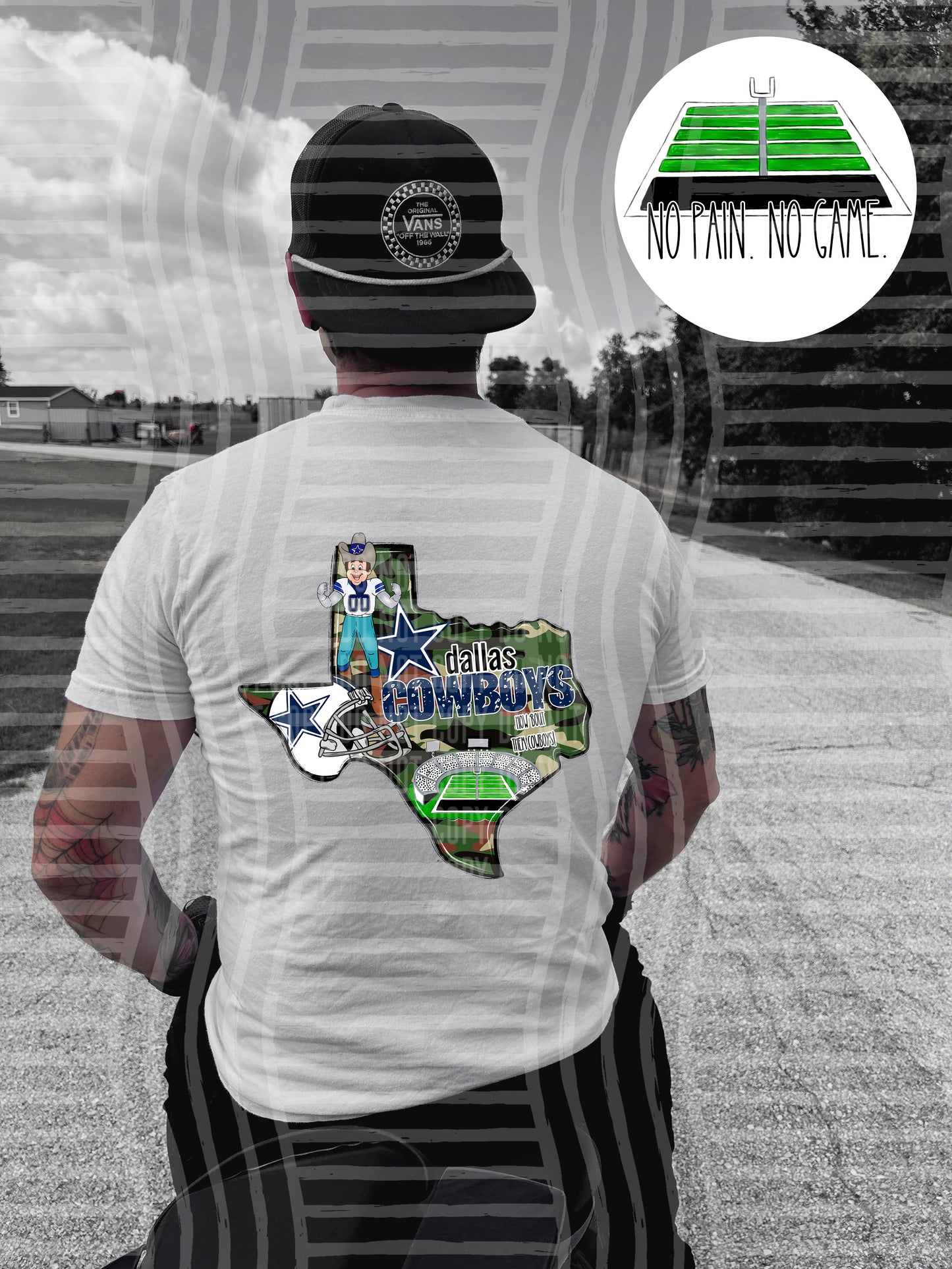Pro Football Team No Pain No Game Field (FRONT ONLY) (Choose Yours) 01152