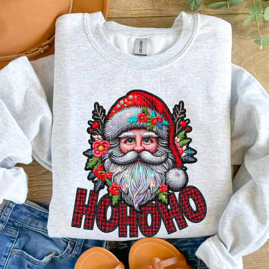 Ho Ho Ho Buffalo Plaid Faux Embroidery Santa 04467