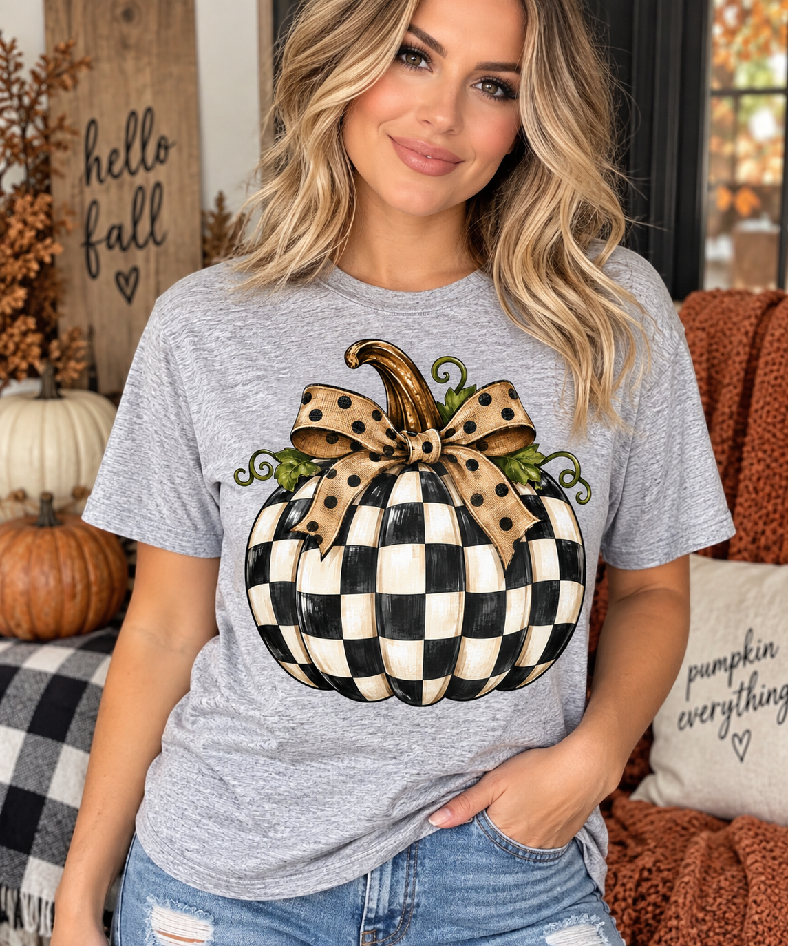 Checkered Pumpkin Dot Bow 09237