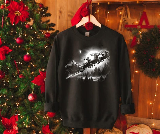 Vintage Grayscale Santa Sleigh Reindeer Flying 06820