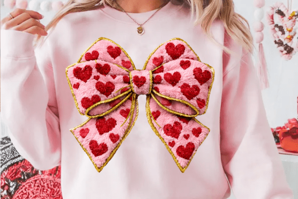 Faux Yarn Valentine Heart Bow Coquette Gold Trim 07413