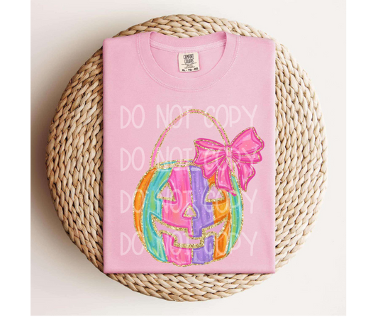 Faux Glitter Pumpkin Bucket Jack o Lantern with Bow 04784