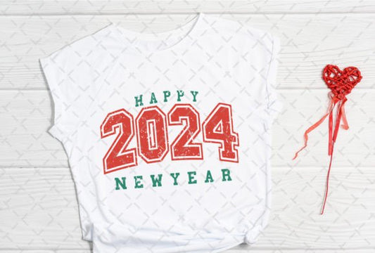 Happy New Year 2024 RED GLITTER DTF Transfer