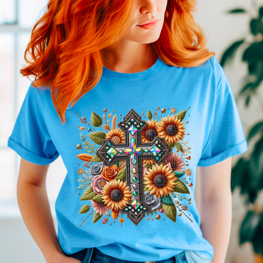 Faux Rhinestone Cross With Sunflowers 04645