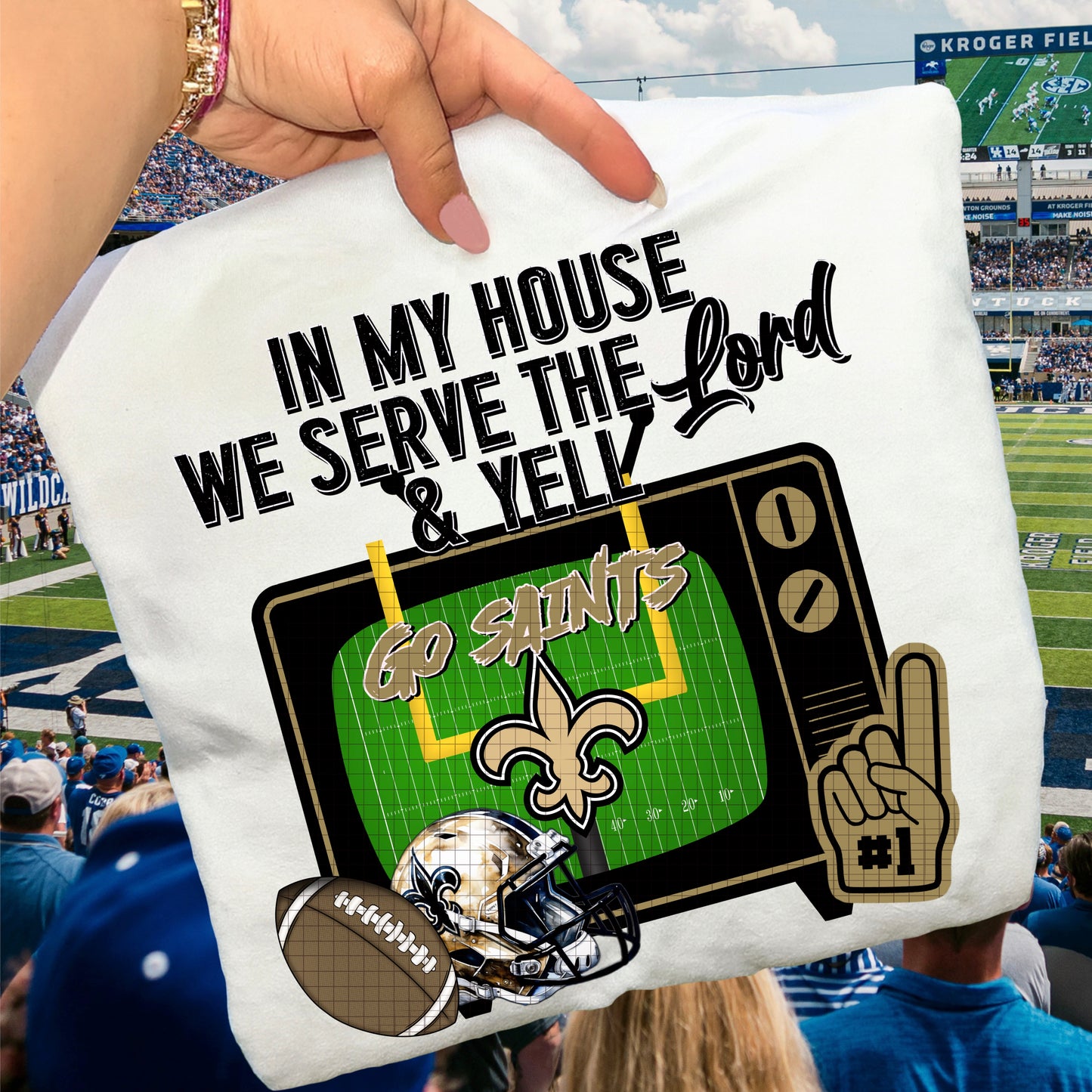 In My House We Serve the Lord and Yell Go Pro Football Teams (Choose Yours) 07639