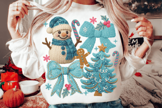 Blue Faux Yarn Snowman Tree Bows Collage 06727