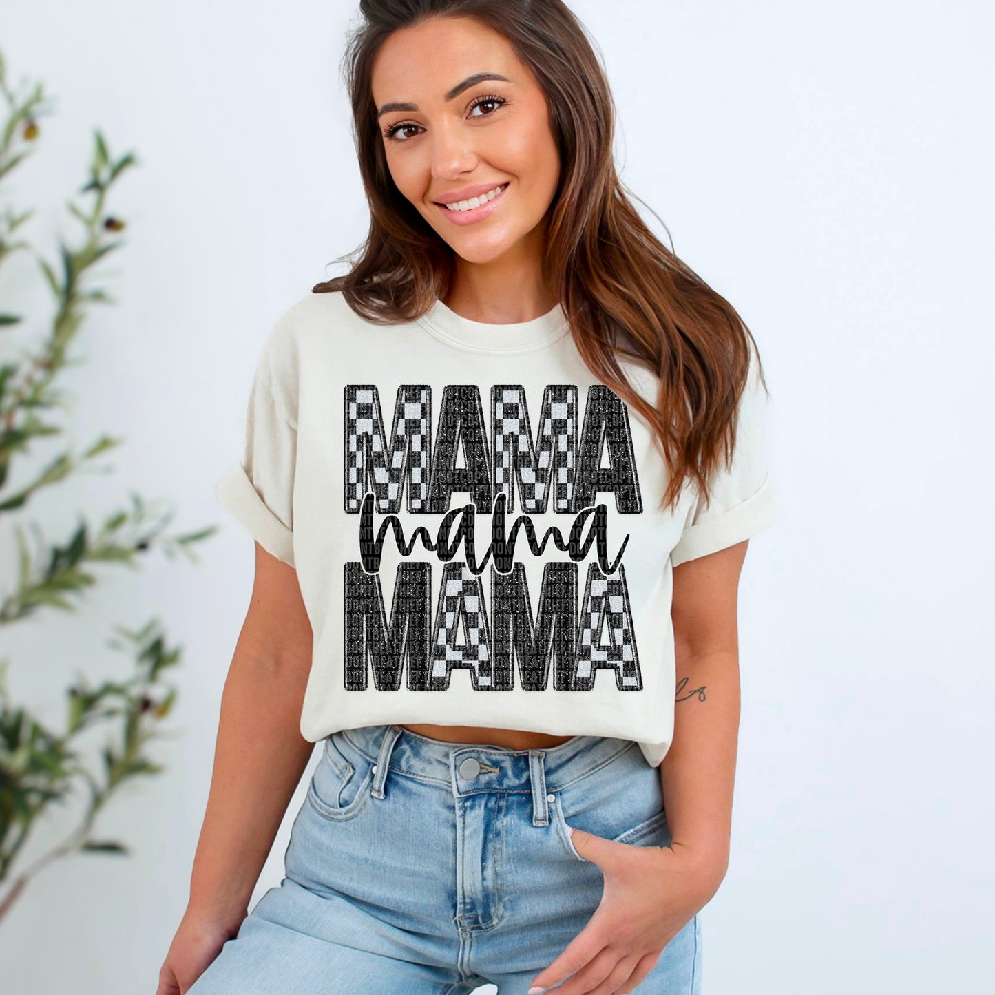 Mama Stacked Faux Embroidery Checkered 04637