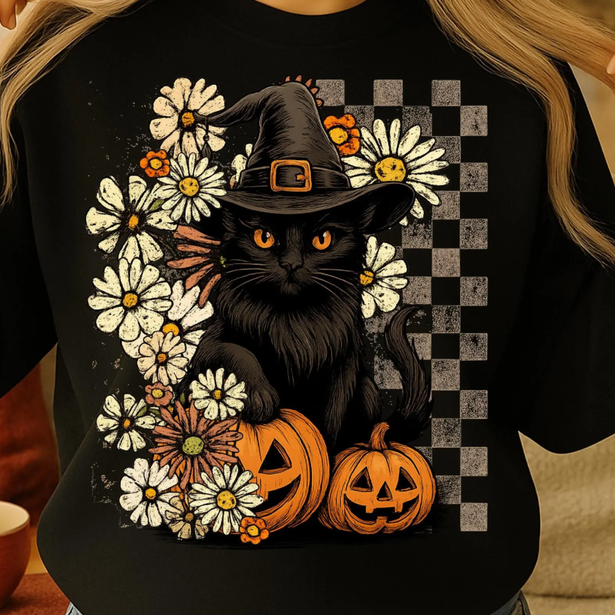 Boho Floral Checkered Black Cat 01181