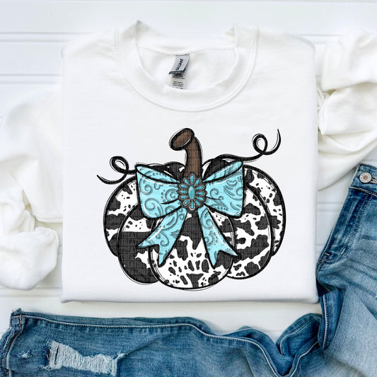 Cow Print Pumpkin Blue Bow 04640