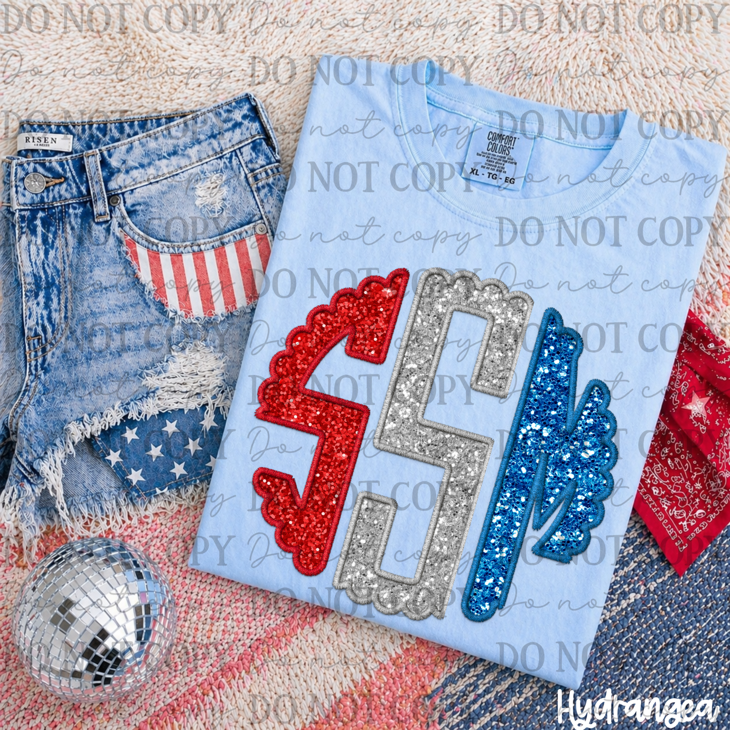 Custom Patriotic Faux Glitter Embroidery Monogram 08169