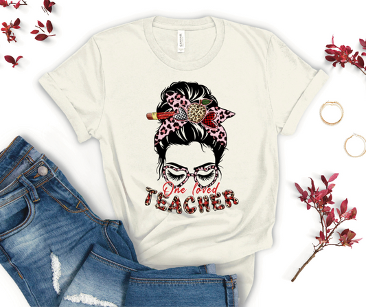 One Loved Teacher Messy Bun DTF Transfer 06438